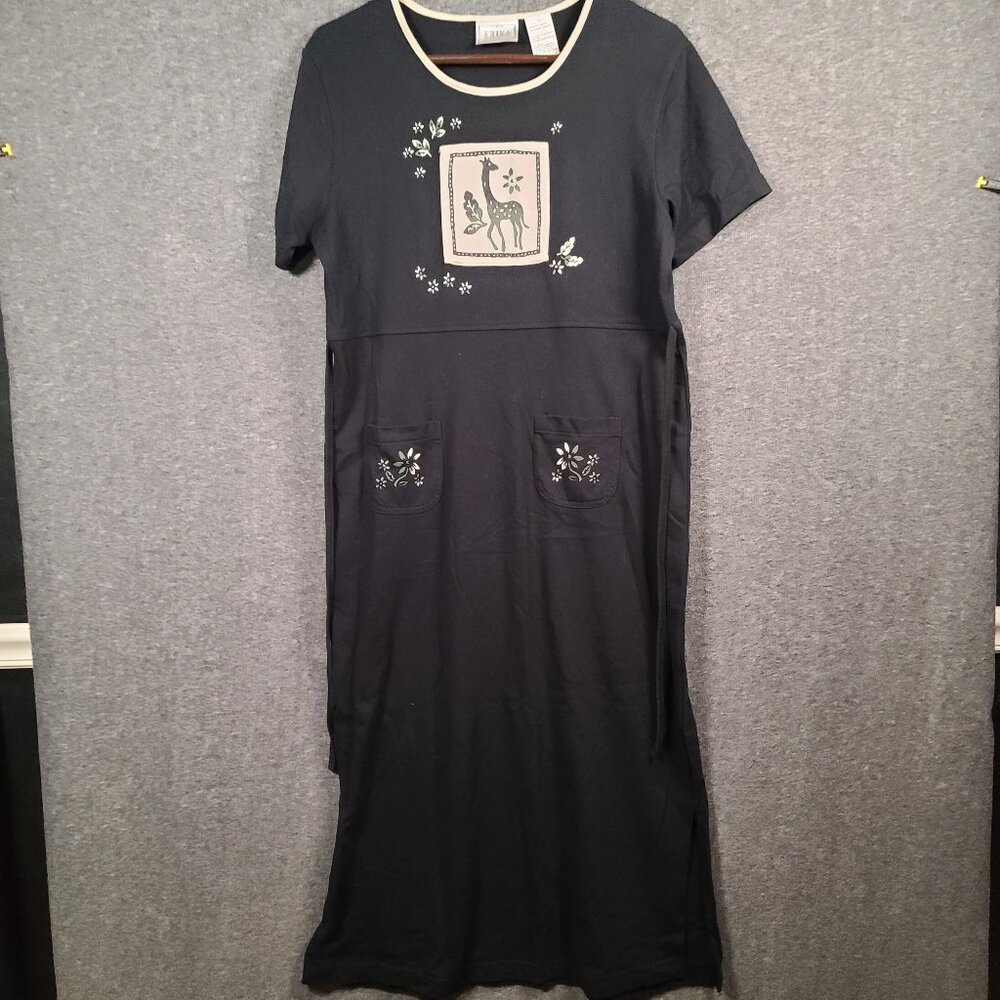 Vintage Erika Long Dress Short Sleeve Pockets Tie in Back Giraffe Print